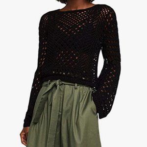 BCBG MaxAzria Cropped Long Sleeve Open Stitch Black Sweater Top Size XS